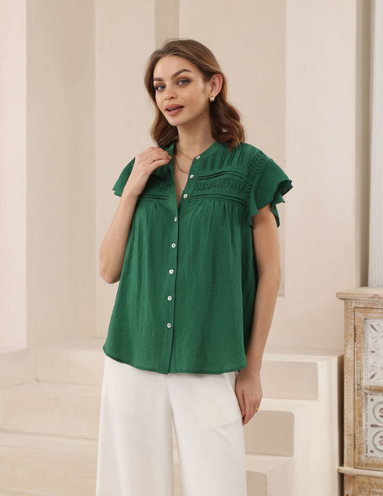 Iris Maxi Jenna Boho Blouse Buttoned Pintuck Detail - Emerald Green