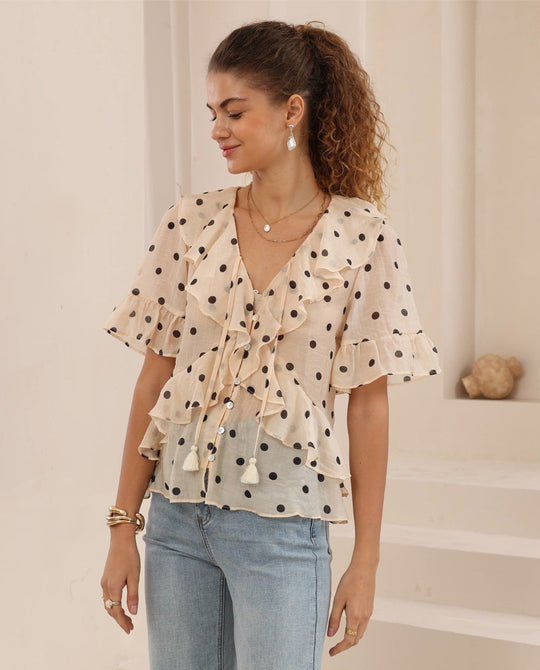 Iris Maxi Jayde Boho Frilled Blouse V Neck Buttoned - Black Polka Dot