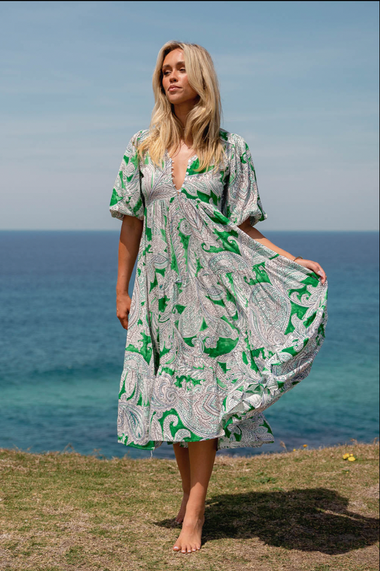 Jaase Eve Midi Dress with V-Neck Buttons Half Puff Sleeve - Kashira