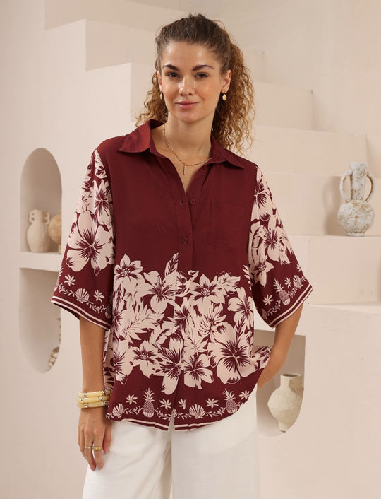 Iris Maxi Mindy Shirt Blouse with Collar Buttoned Front - Camellia