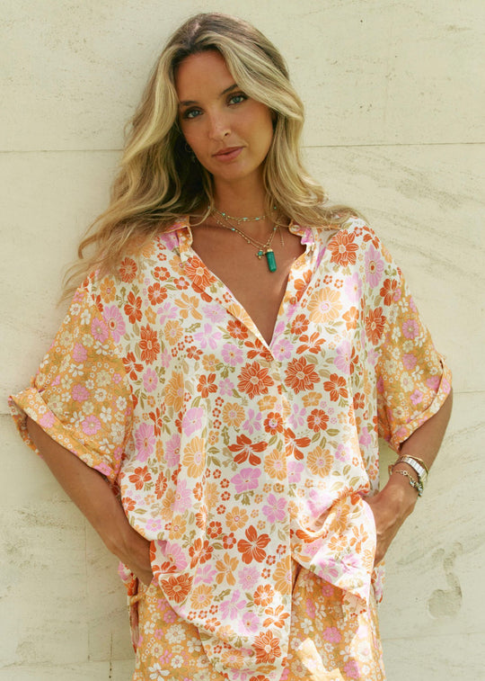 Jaase Paige Shirt Blouse with V Neck Collar Buttoned Front - Crystal