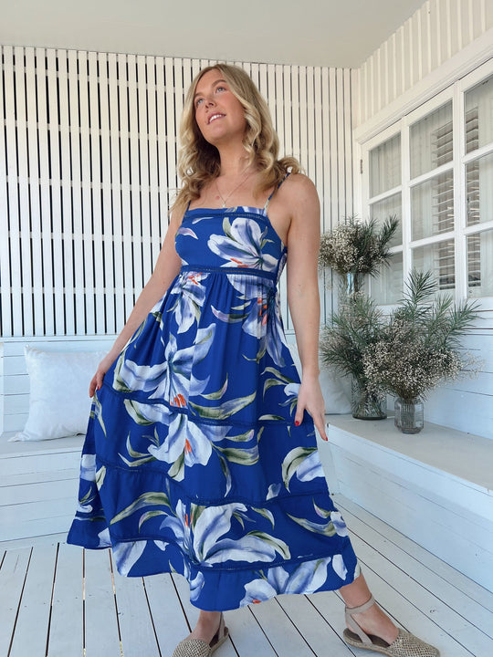 Jaase Heidi Midi Dress with Square Neck Shirred Back Adjustable Straps - Asteria