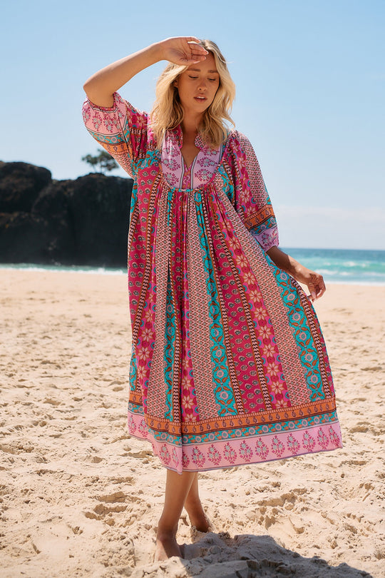 Jaase Boheme Midi Dress with Mandarin Collar V Neck Pockets - Cedella