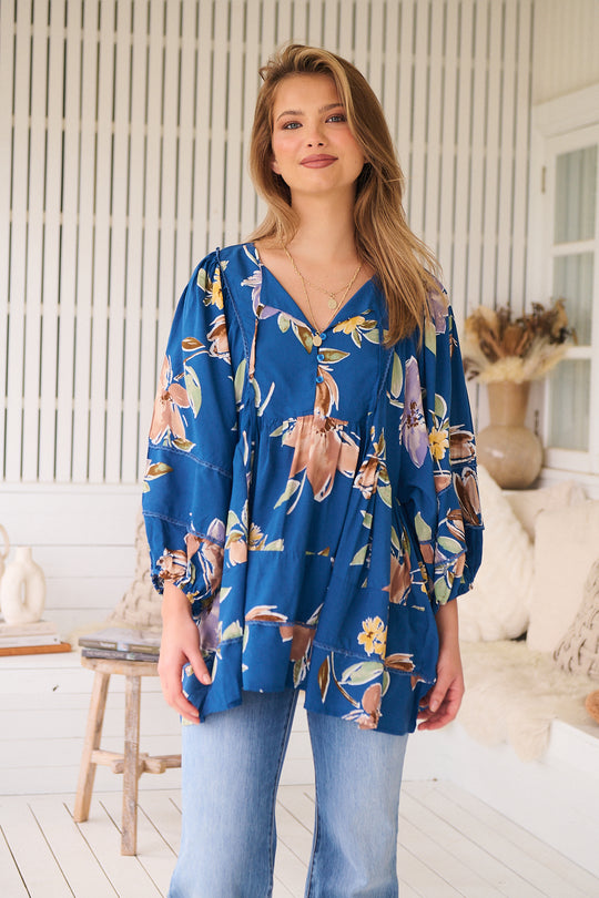 Jaase Adela Blouse Tunic with Buttoned Bodice V Neck - Georgia Blue