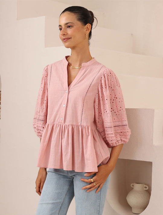 Iris Maxi Anna Cotton Blouse Top with Lace Detail V-Neck Sleeve Buttons - Baby Pink