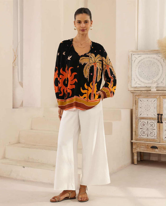 Iris Maxi Anna Cotton Blouse with V Neck Longline Back Billowy Sleeve - Sunburst