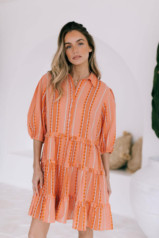 Joop & Gypsy Carolina Cotton Dress with V-Neck Collar Pockets - Apricot Dreams