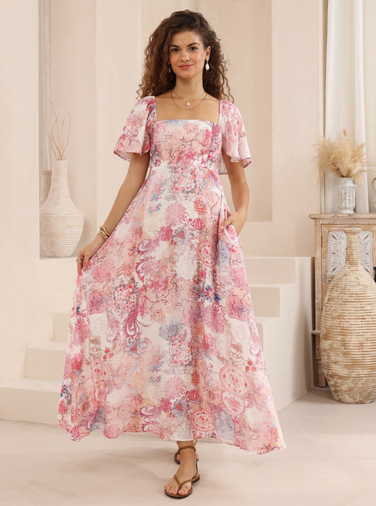 Iris Maxi Charlotte Maxi Dress with Shirred Bodice Flutter Sleeve - Hallie