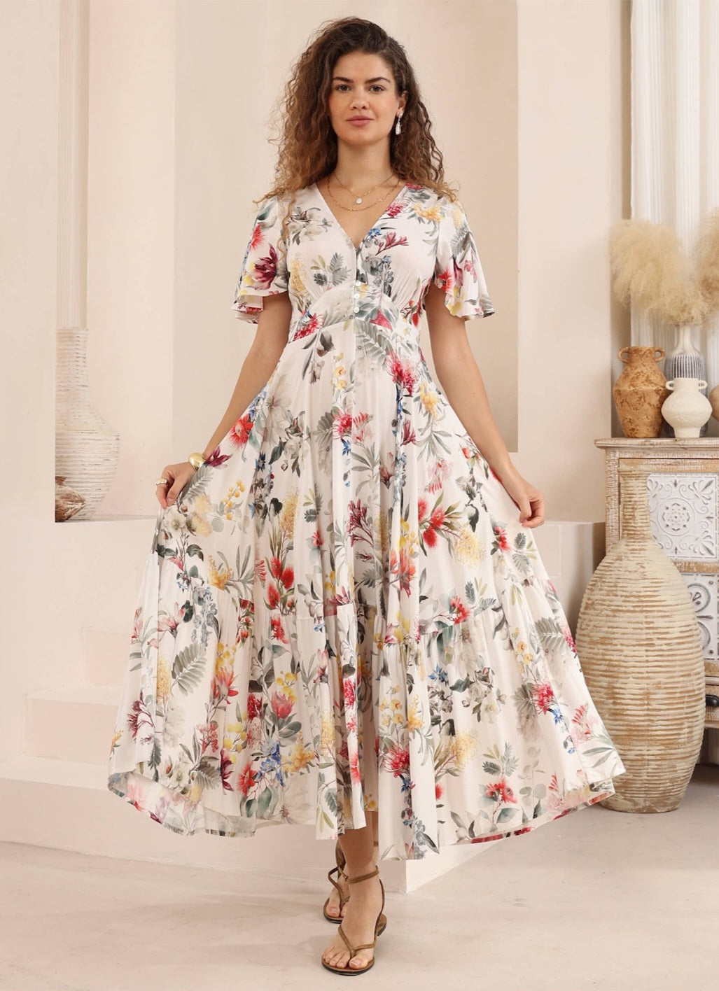 Iris Maxi Stacey Maxi Dress with V Neck Flutter Sleeve Empire Waist - Botanica - Style House Fashion