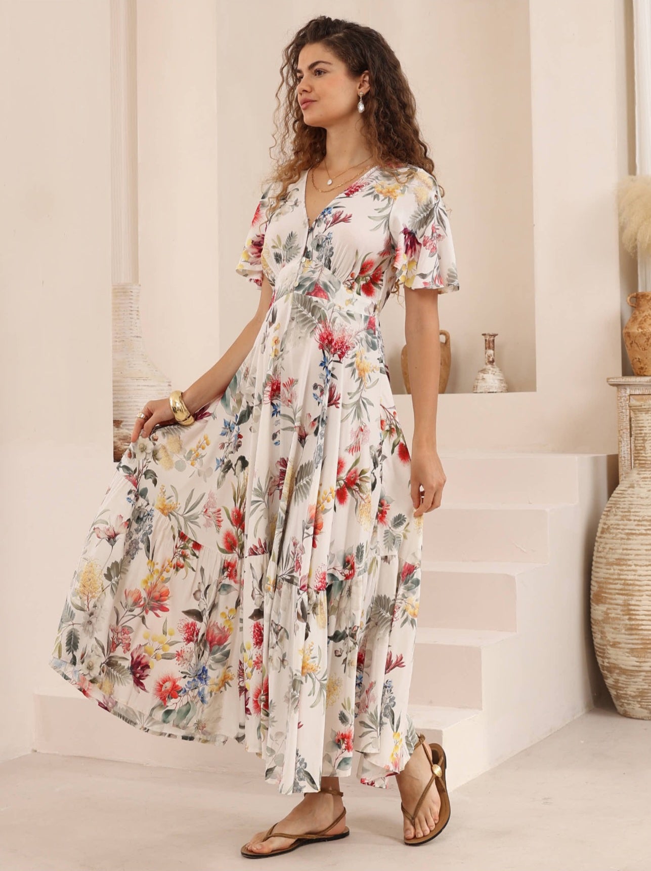 Iris Maxi Stacey Maxi Dress with V Neck Flutter Sleeve Empire Waist - Botanica - Style House Fashion