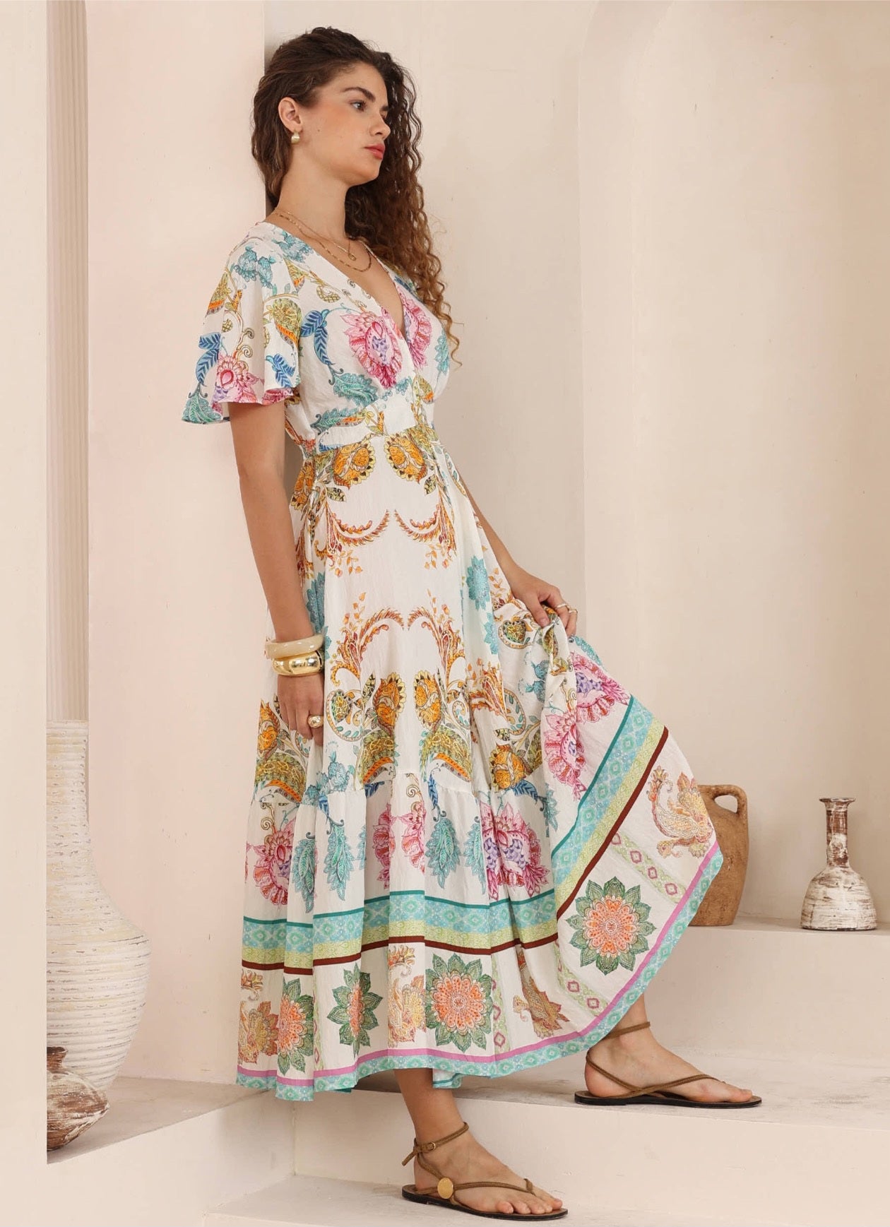 Iris Maxi Stacey Maxi Dress with V Neck Flutter Sleeve Empire Waist - Elia - Style House Fashion