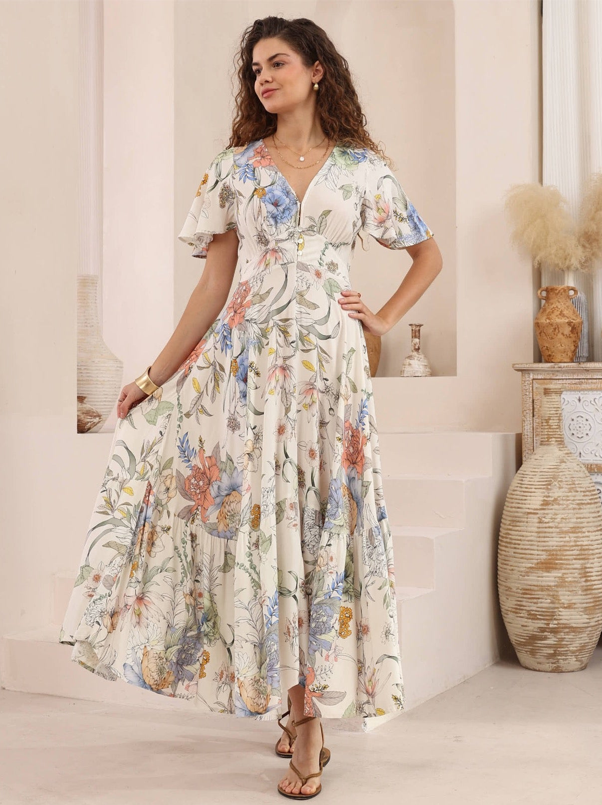 Iris Maxi Stacey Maxi Dress with V Neck Flutter Sleeve Empire Waist - Romona - Style House Fashion