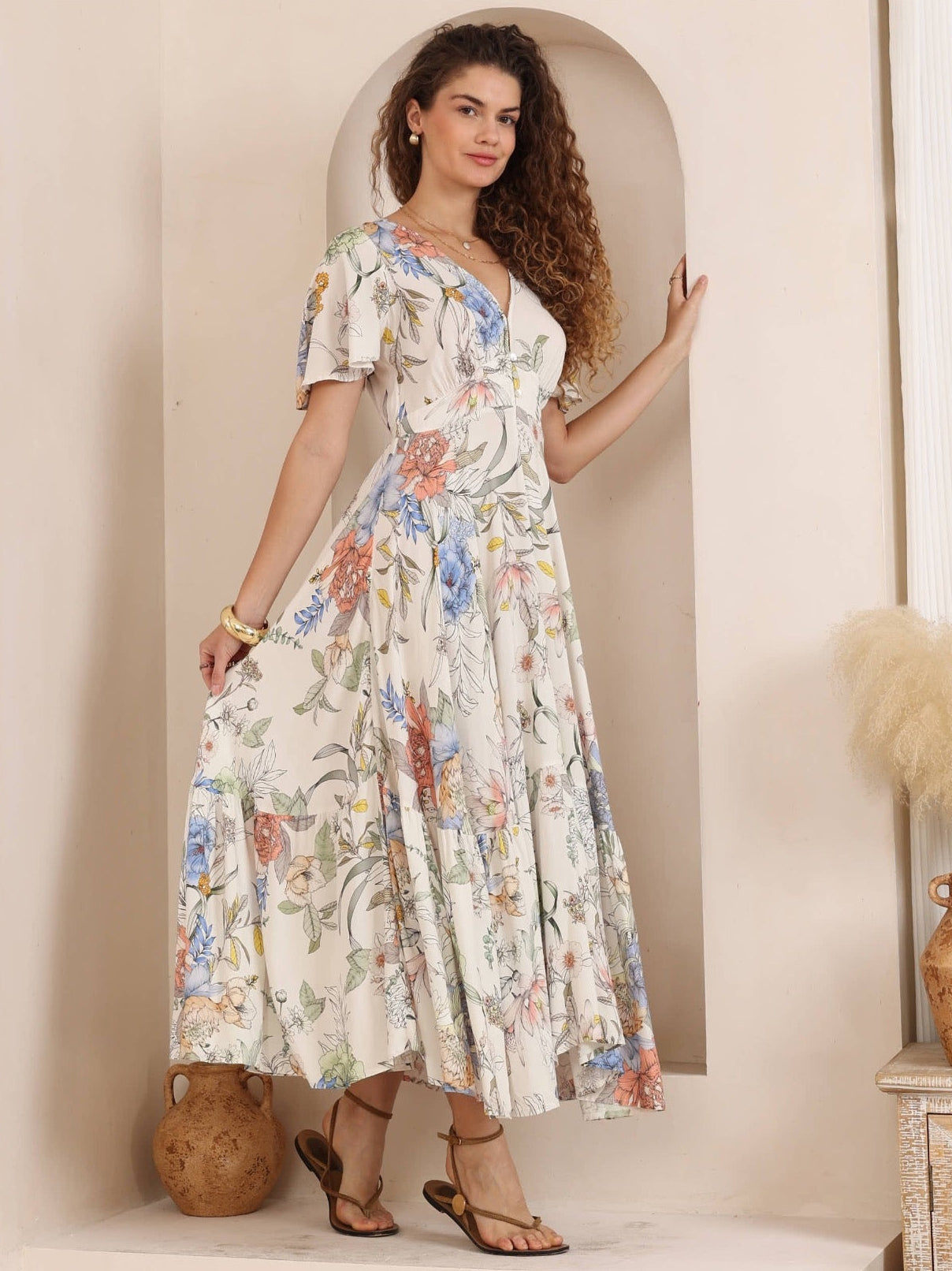 Iris Maxi Stacey Maxi Dress with V Neck Flutter Sleeve Empire Waist - Romona - Style House Fashion