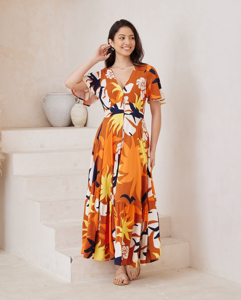 Iris Maxi Stacey Maxi Dress with V Neck Flutter Sleeve Empire Waist - Desert Glow - Style House Fashion Iris Maxi