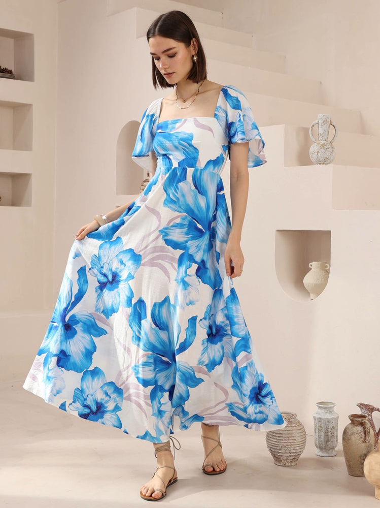 Iris Maxi Charlotte Maxi Dress with Shirred Bodice Flutter Sleeve - Blue Hibiscus
