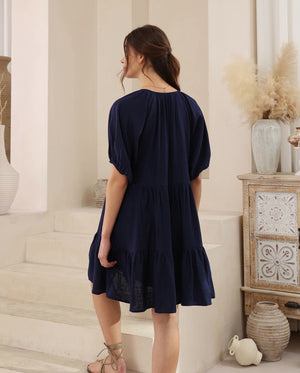 Iris Maxi Ezra Mini Dress with V Neck Buttons Pockets Puff Sleeve - Navy