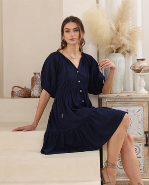 Iris Maxi Ezra Mini Dress with V Neck Buttons Pockets Puff Sleeve - Navy