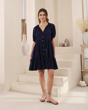 Iris Maxi Ezra Mini Dress with V Neck Buttons Pockets Puff Sleeve - Navy