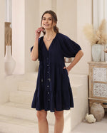 Iris Maxi Ezra Mini Dress with V Neck Buttons Pockets Puff Sleeve - Navy