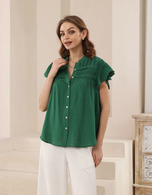 Iris Maxi Jenna Boho Blouse Buttoned Pintuck Detail - Emerald Green