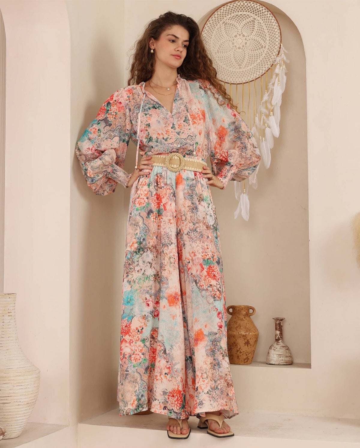 Iris Maxi Amaya Blouse Top with V-Neck Buttons Long Sleeve Shirred Cuff - Nyra - Style House Fashion