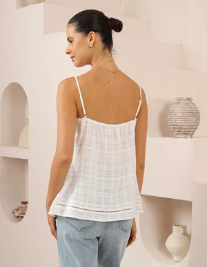 Iris Maxi Milly Cotton Camisole Singlet with V-Neck Adjustable Straps Lace Detail - White