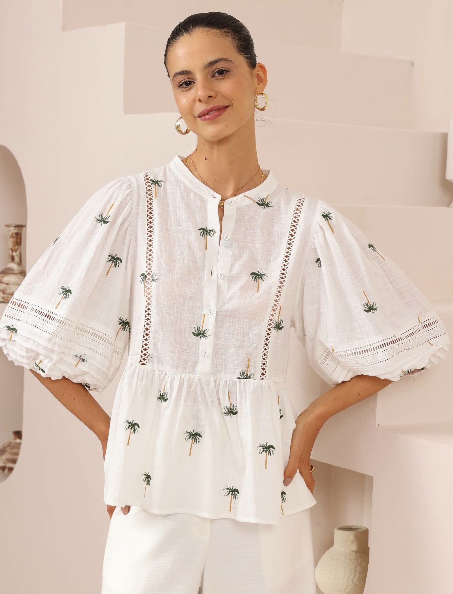 Iris Maxi Annie Cotton Blouse Top with Embroidery Lace Detail V-Neck Sleeve Buttons - Palm - Style House Fashion Iris Maxi Iris Maxi Iris Maxi