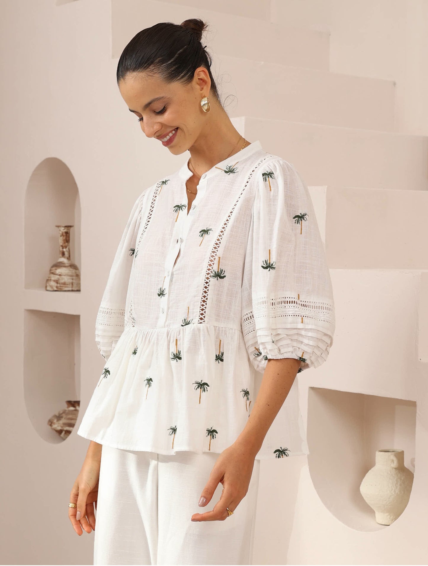 Iris Maxi Annie Cotton Blouse Top with Embroidery Lace Detail V-Neck Sleeve Buttons - Palm - Style House Fashion Iris Maxi Iris Maxi Iris Maxi