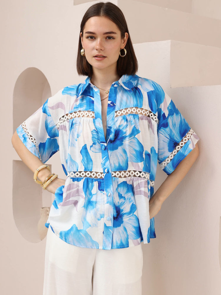 Iris Maxi Pippa Blouse Top with Collar V-Neck Sleeve Buttons - Blue Hibiscus