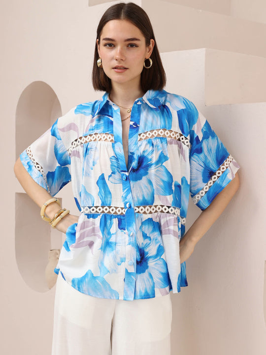 Iris Maxi Pippa Blouse Top with Collar V-Neck Sleeve Buttons - Blue Hibiscus