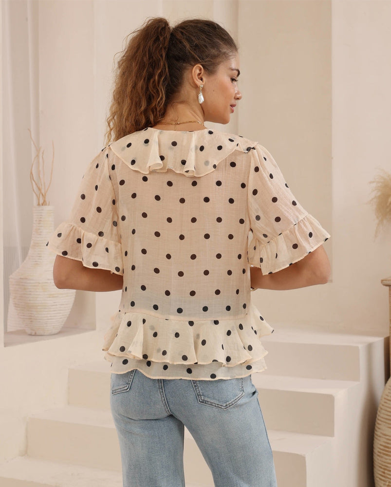 Iris Maxi Jayde Boho Frilled Blouse V Neck Buttoned - Black Polka Dot