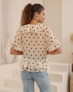 Iris Maxi Jayde Boho Frilled Blouse V Neck Buttoned - Black Polka Dot