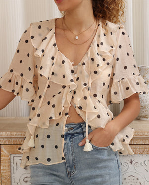 Iris Maxi Jayde Boho Frilled Blouse V Neck Buttoned - Black Polka Dot