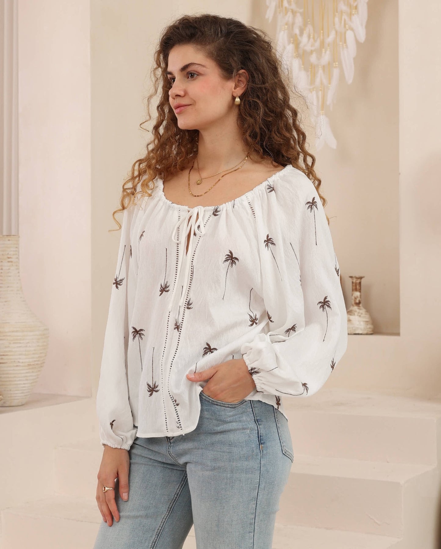 Iris Maxi Cove Blouse Top with Tie Off Shoulder Long Sleeve Elastic Cuff - Chocolate Palm - Style House Fashion