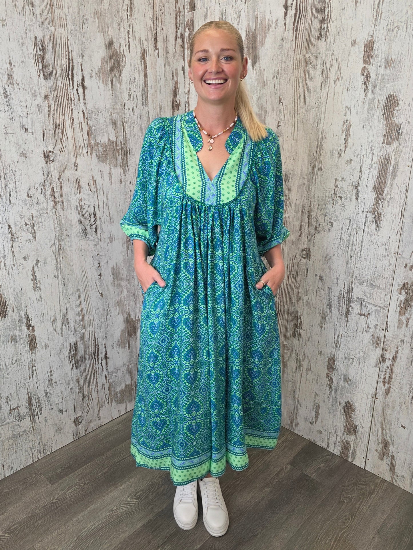 Jaase Boheme Midi Dress with Billowy Sleeve V-Neck Pockets - Tranquility - Style House Fashion