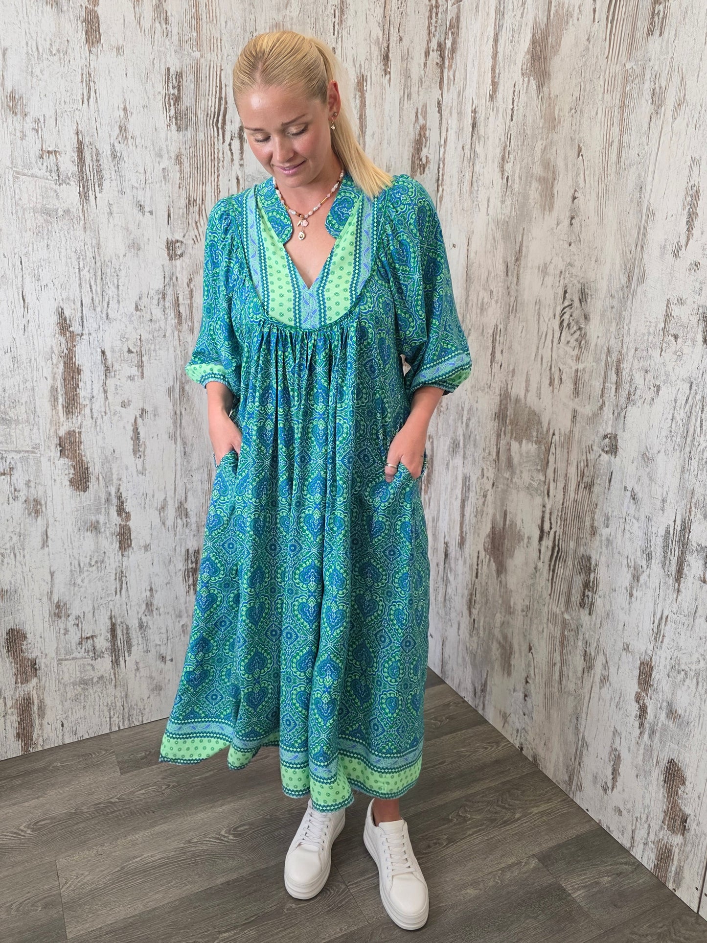 Jaase Boheme Midi Dress with Billowy Sleeve V-Neck Pockets - Tranquility - Style House Fashion