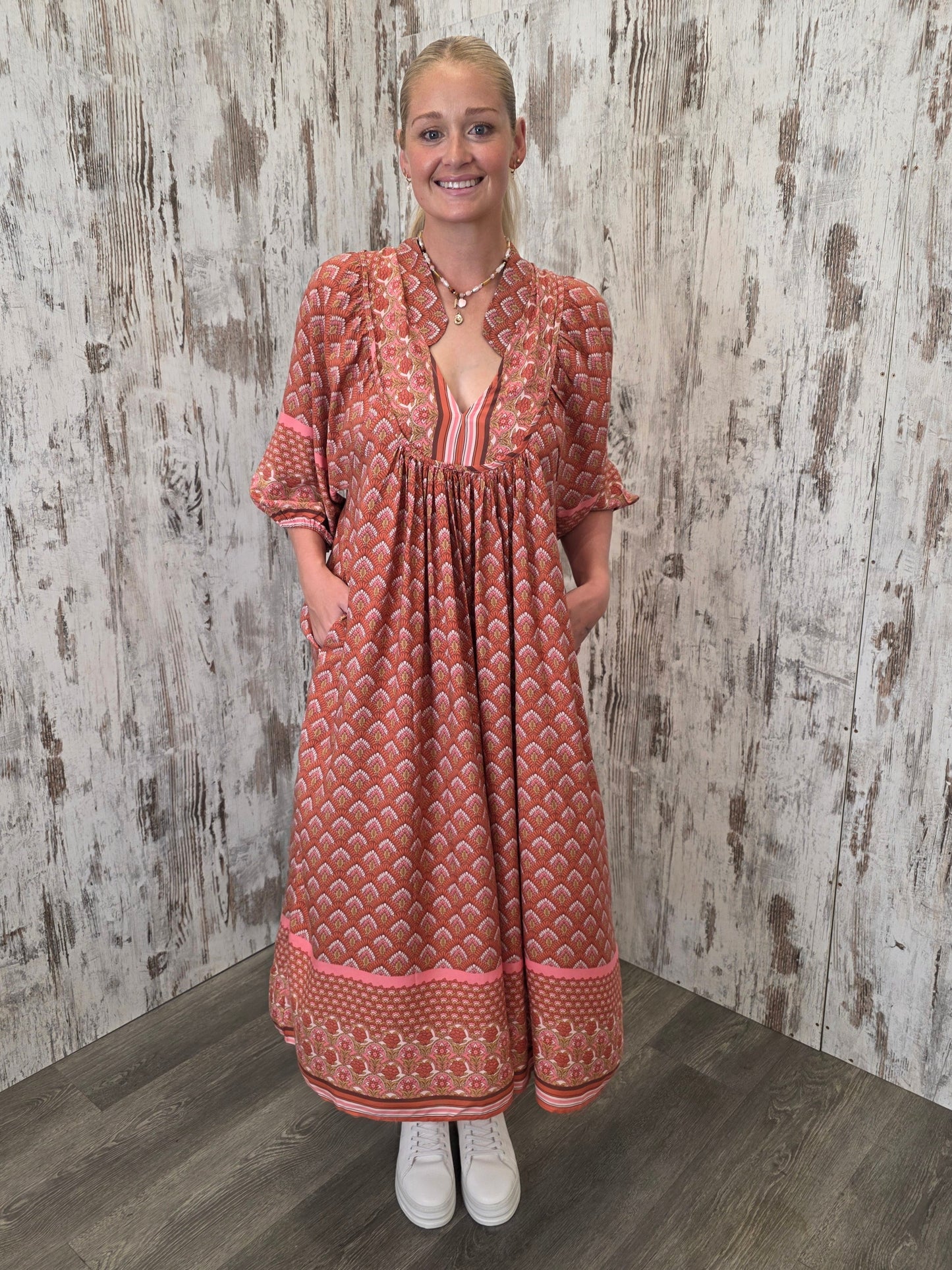 Jaase Boheme Midi Dress with Billowy Sleeve V-Neck Pockets - Coral Eden - Style House Fashion