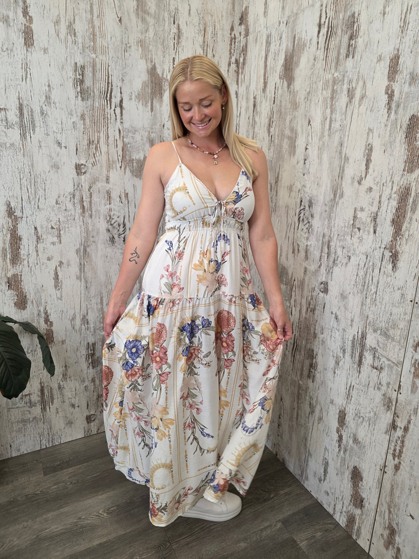 Iris Maxi Roslyn Maxi Dress with Adjustable Straps V-Neck Tie Front - Vintage Floral - Style House Fashion Iris Maxi