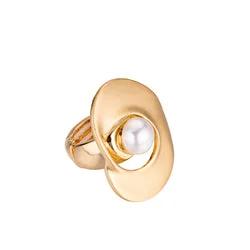 Blue Scarab Lotus Stretch Ring with Cultured Freshwater Pearl Gold Plated