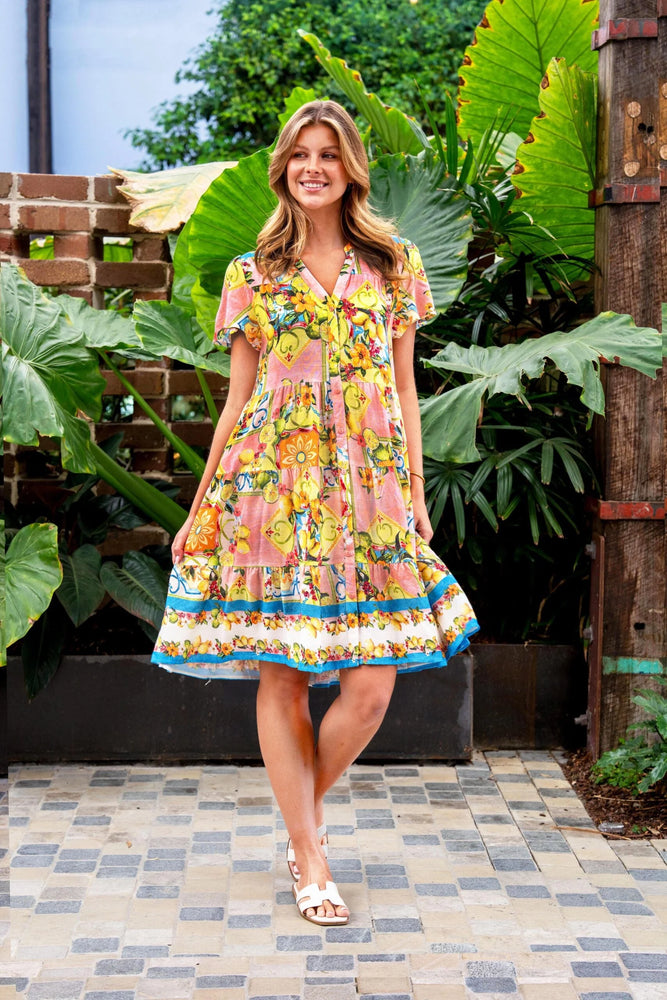 Boho Australia Aamina Mini Dress with V-Neck Buttons Pockets - Lemon Floral Boho Australia