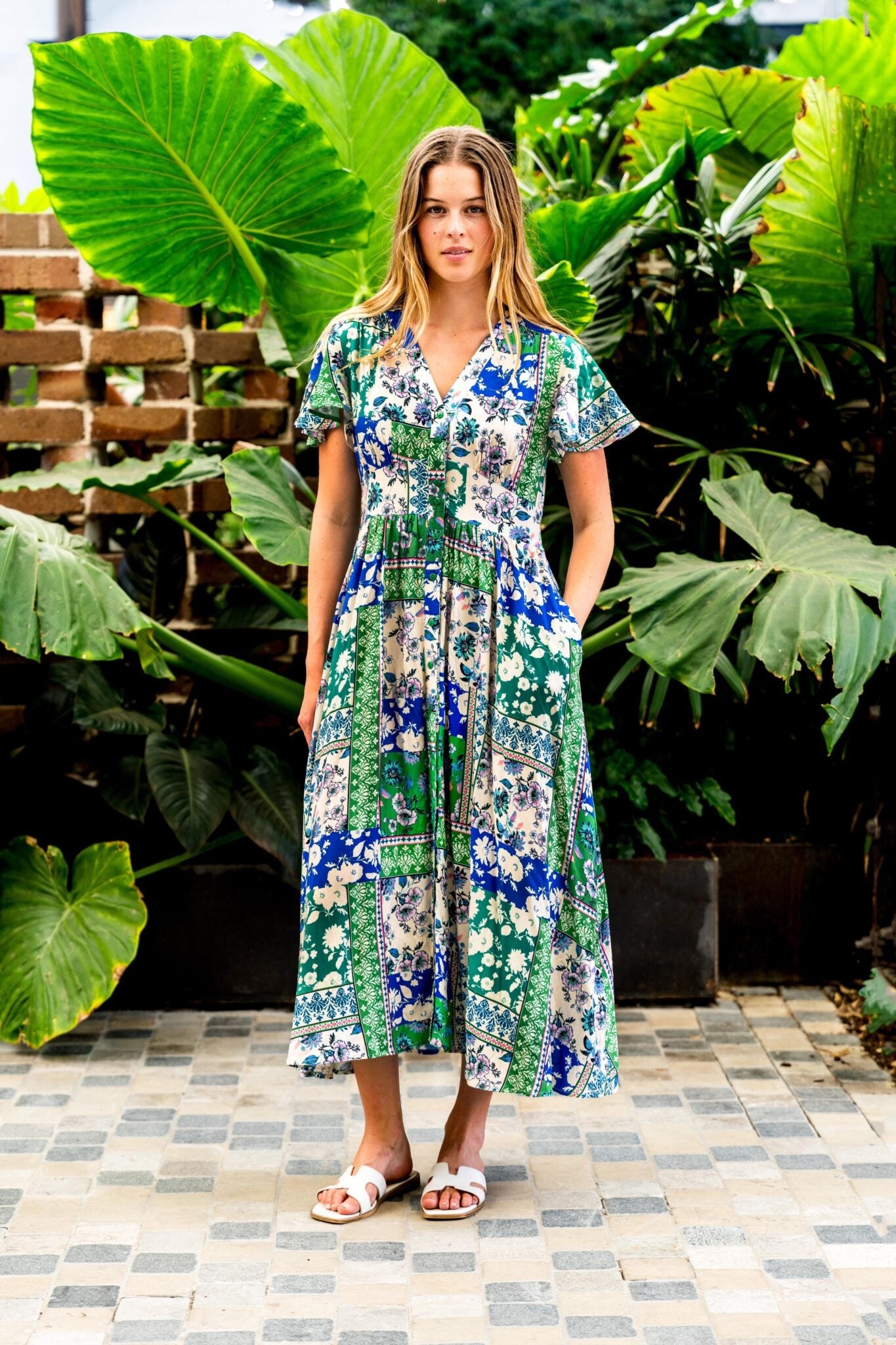 Boho Australia Amie Midi Dress with V-Neck Flutter Sleeve Buttons Pockets - Green Blue Patch Boho Australia