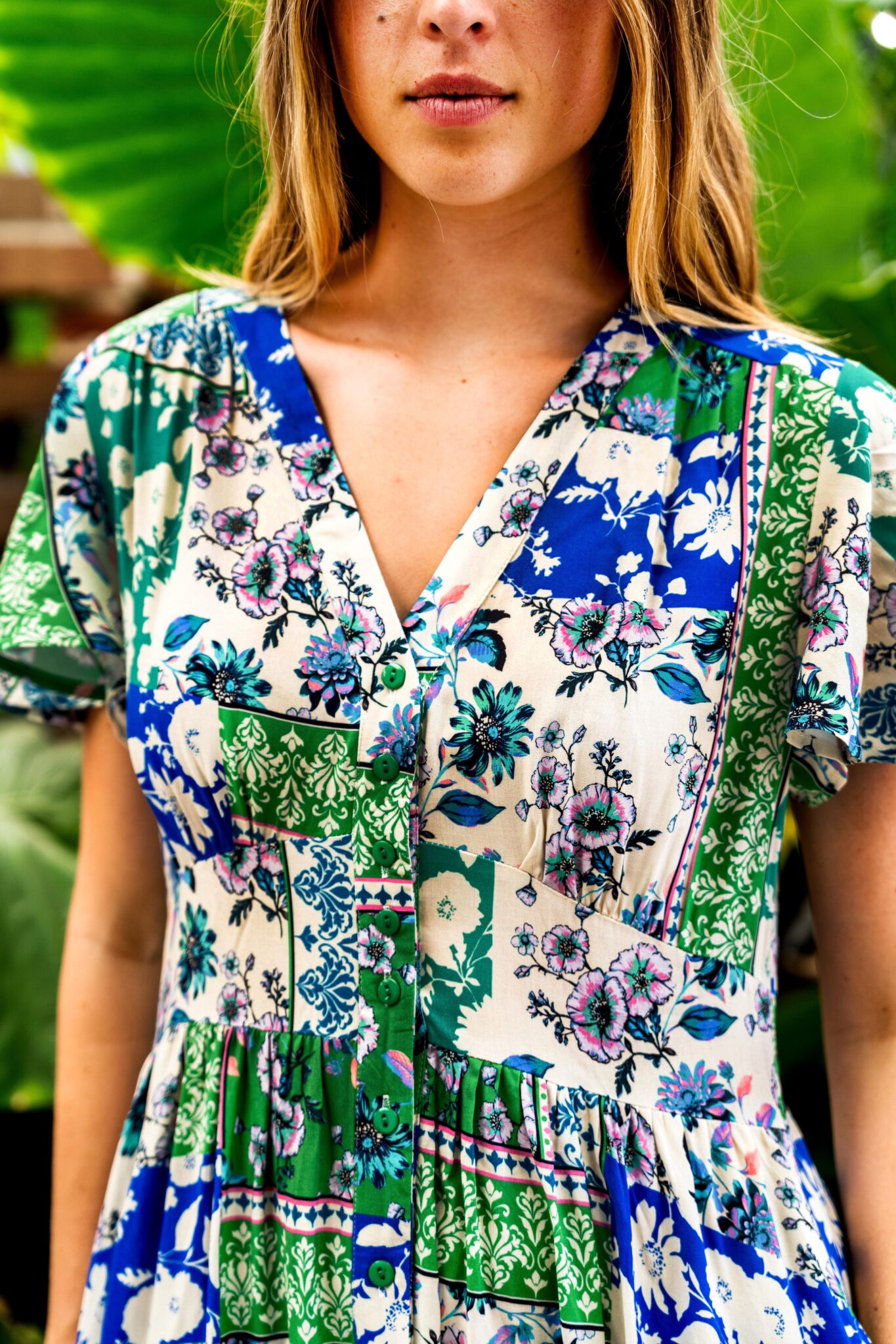 Boho Australia Amie Midi Dress with V-Neck Flutter Sleeve Buttons Pockets - Green Blue Patch Boho Australia