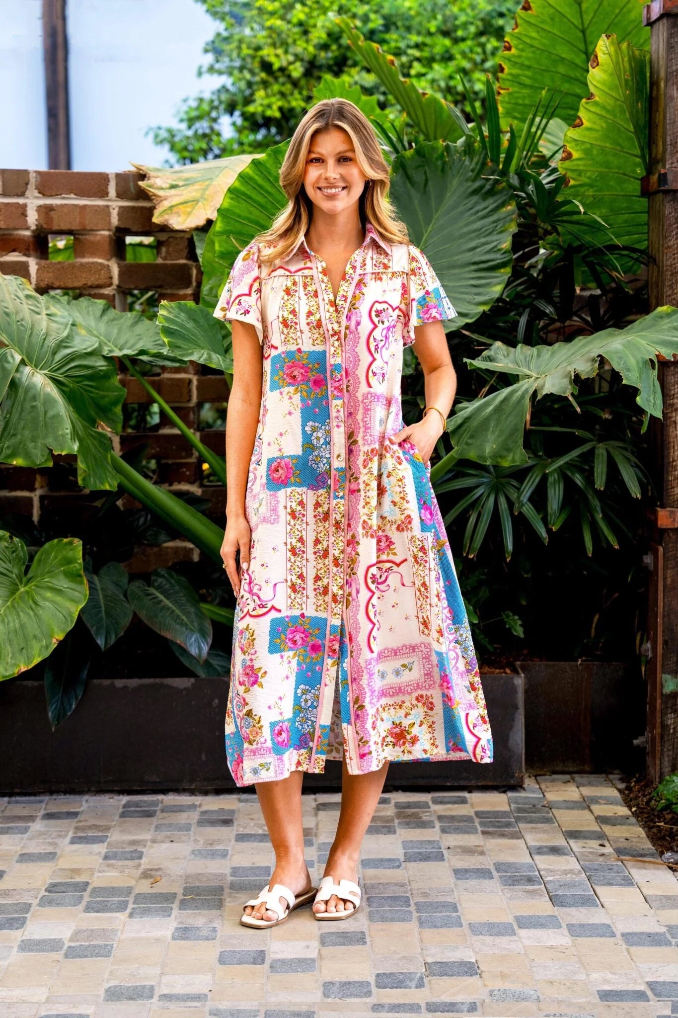 Boho Australia Habiba Midi Dress with V-Neck Buttons Pockets - Pink Bouquet Boho Australia