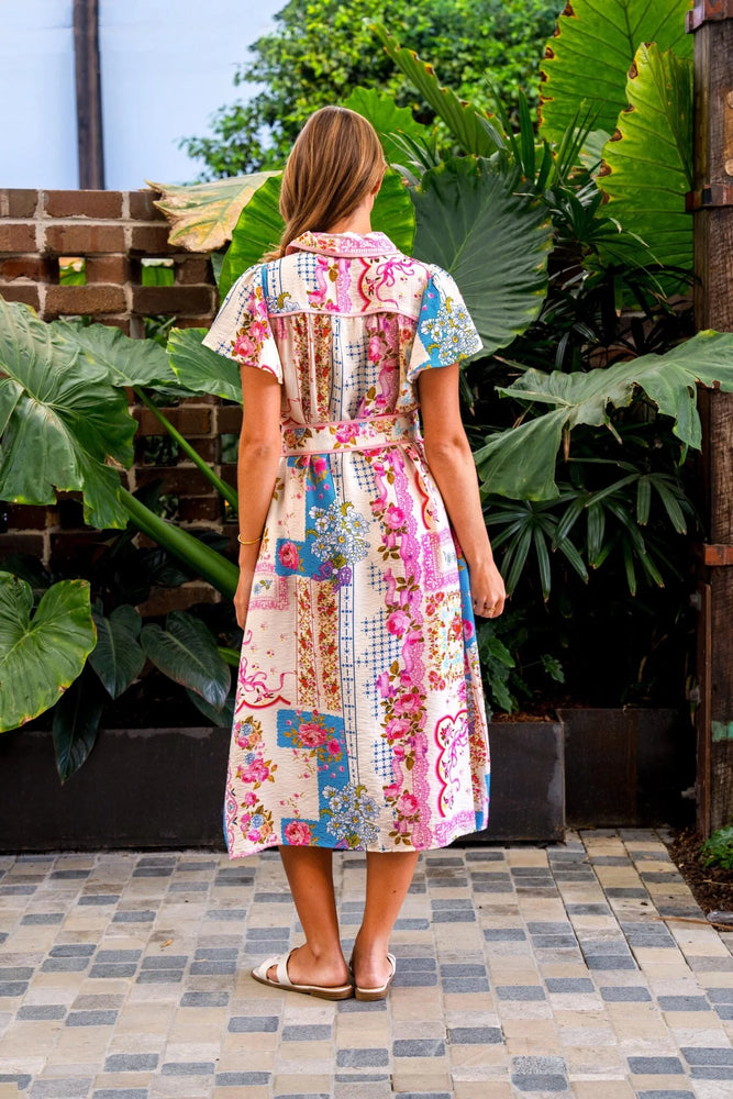Boho Australia Habiba Midi Dress with V-Neck Buttons Pockets - Pink Bouquet Boho Australia