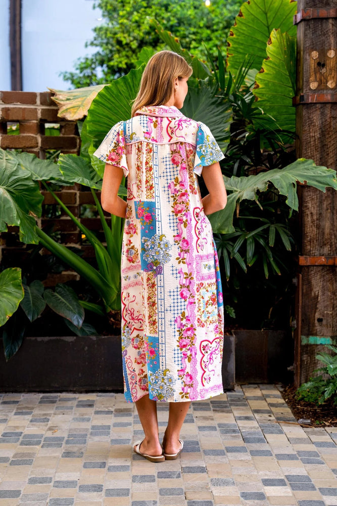 Boho Australia Habiba Midi Dress with V-Neck Buttons Pockets - Pink Bouquet Boho Australia