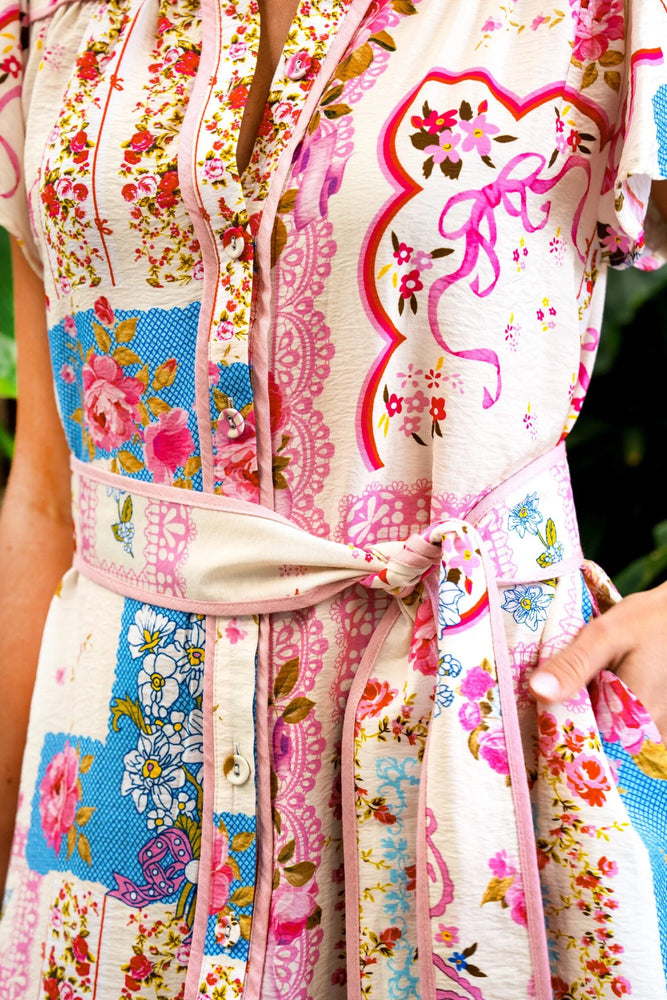 Boho Australia Habiba Midi Dress with V-Neck Buttons Pockets - Pink Bouquet Boho Australia