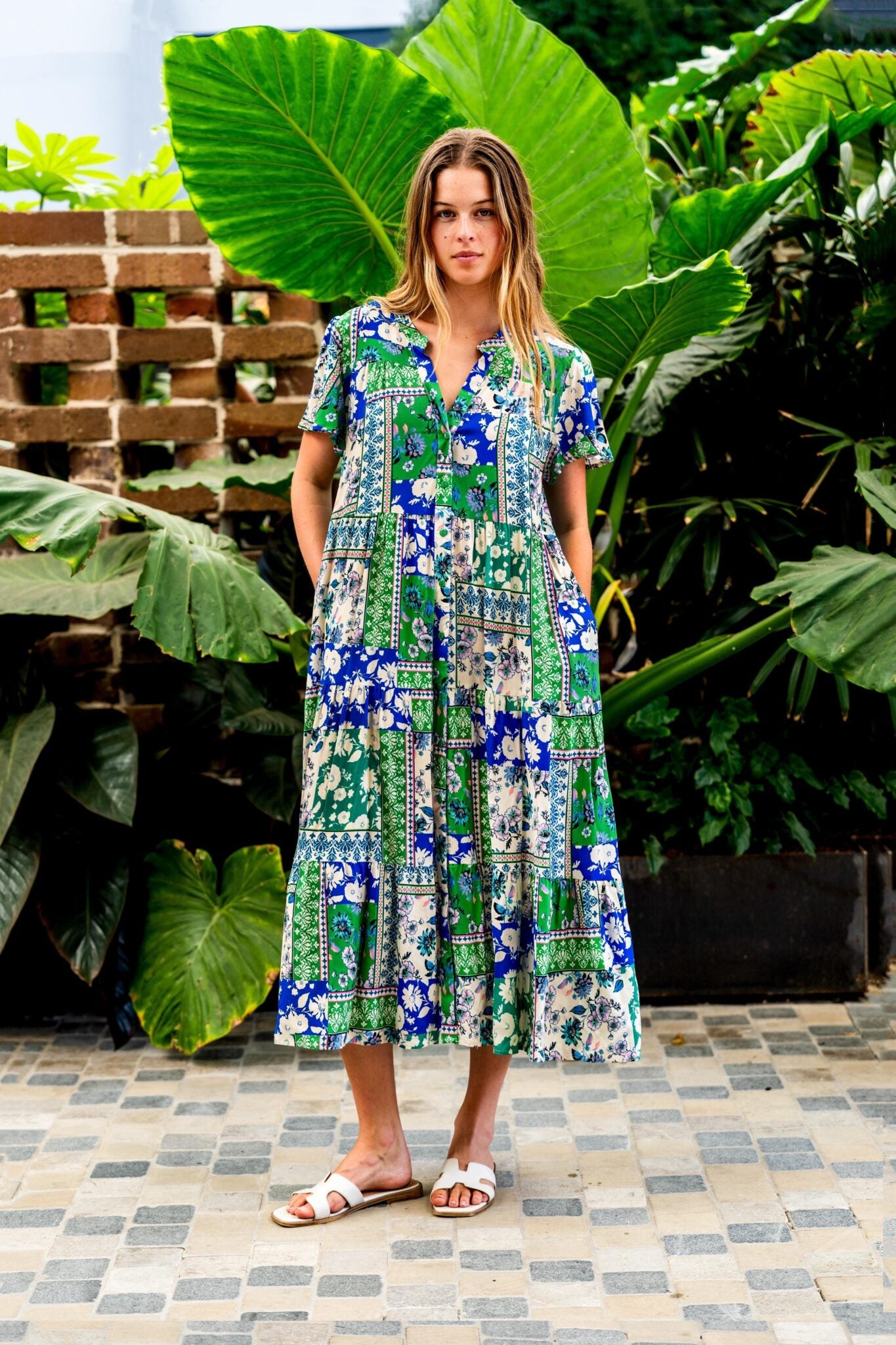 Boho Australia Amie Maxi Dress with V-Neck Flutter Sleeve Buttons Pockets - Green Blue Patch - Style House Fashion