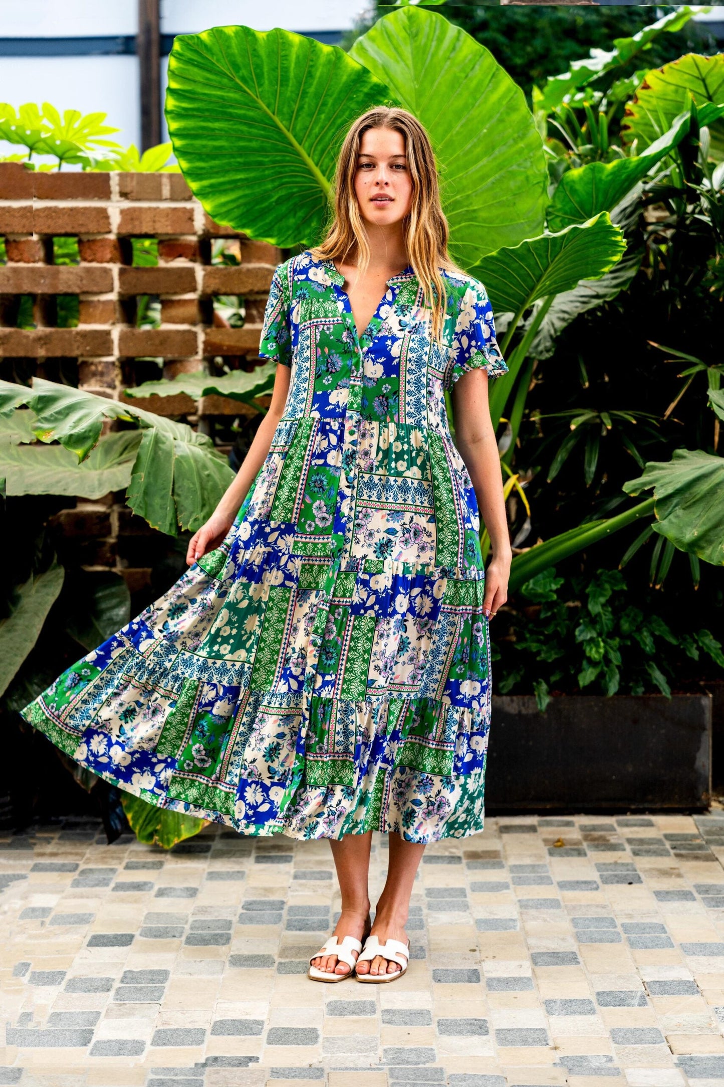 Boho Australia Amie Maxi Dress with V-Neck Flutter Sleeve Buttons Pockets - Green Blue Patch - Style House Fashion