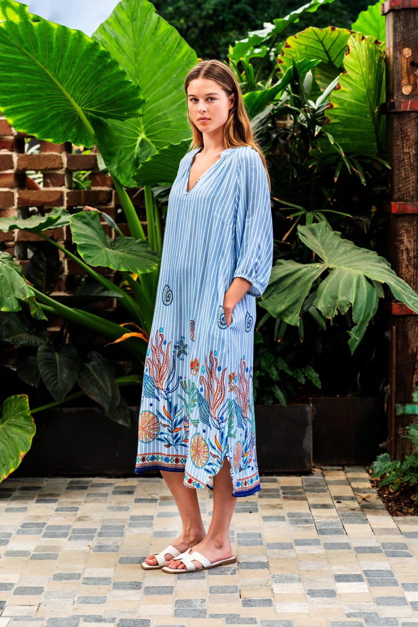 Boho Australia Sea World Midi Shirt Midi Dress with V-Neck Pockets - Blue Striped Boho Australia