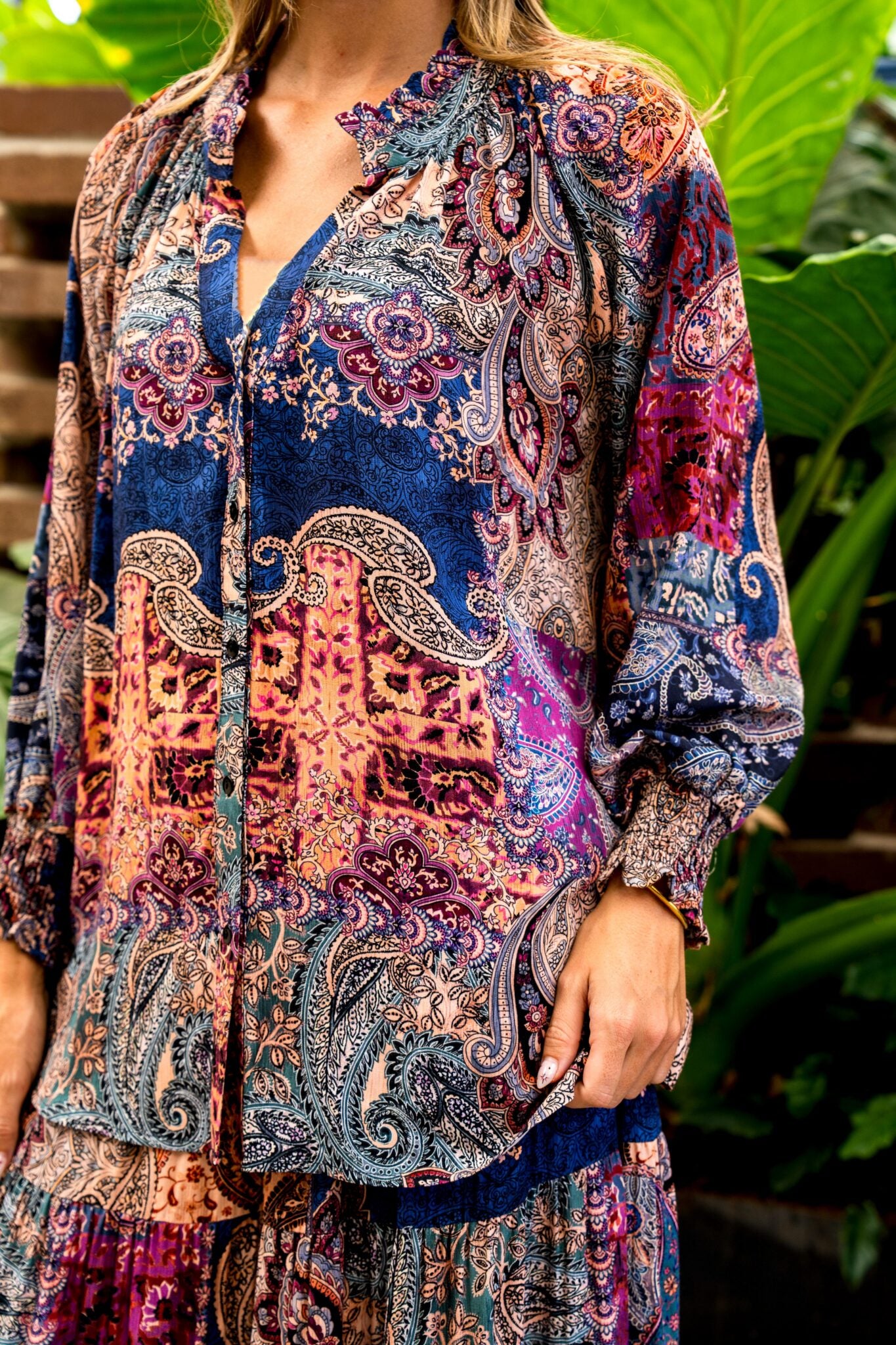 Boho Australia Louisa Blouse with V-Neck Long Sleeve Shirred Cuff Buttoned - Boheme Mosaic - Style House Fashion Boho Australia